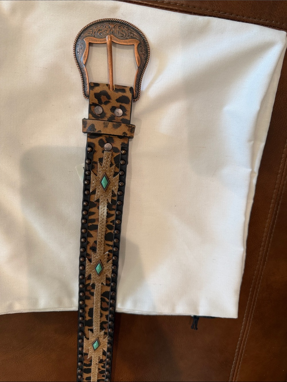 Nocona Brown Leopard Print Leather Belt with Calf Hide and Turquoise Accents - Picture 4 of 11